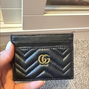 Black Quilted Leather Card Holder with Gold Emblem